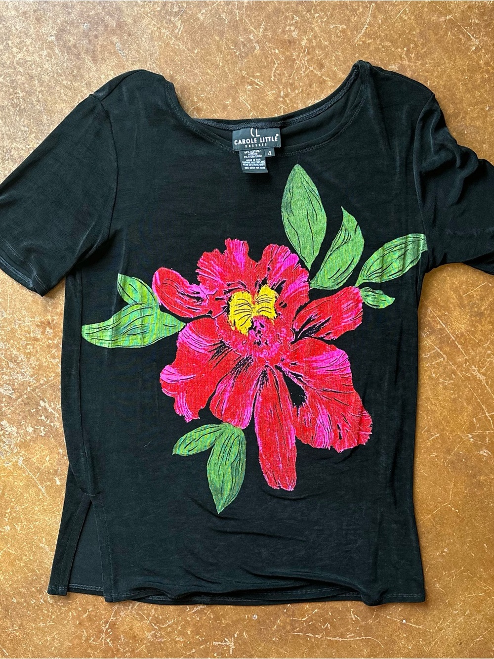 90s Vintage Carol Little Black Slinky Top With Floral Graphic